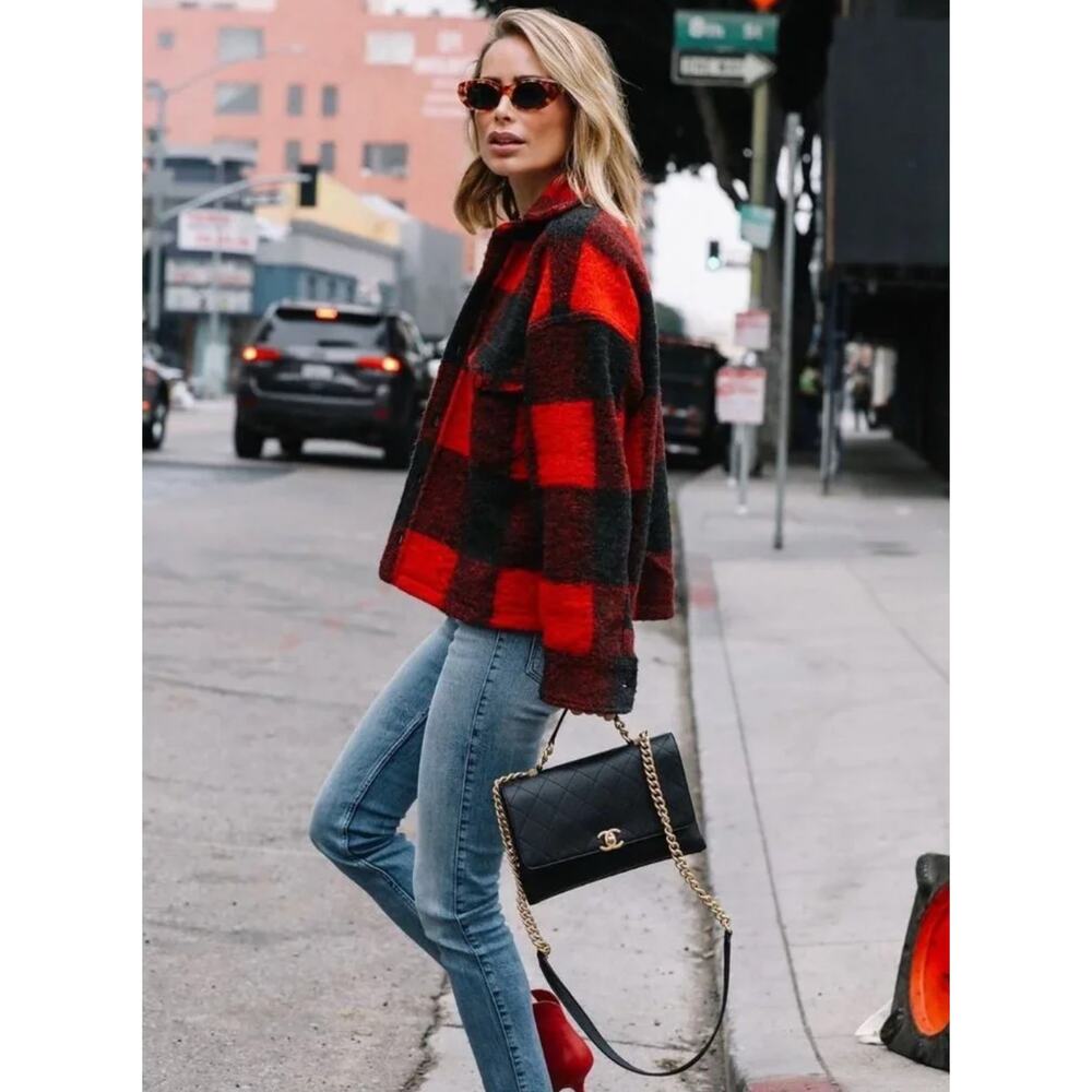 Anine Bing Bobbi Oversized WoolPlaid Flannel Shacket Jacket Red Black L